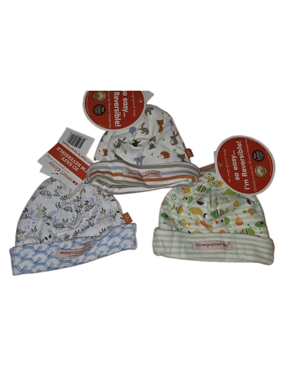 Very Nice Magnificent Baby Reversible Knit Cotton Animals Beanie 0-6M Set 3
